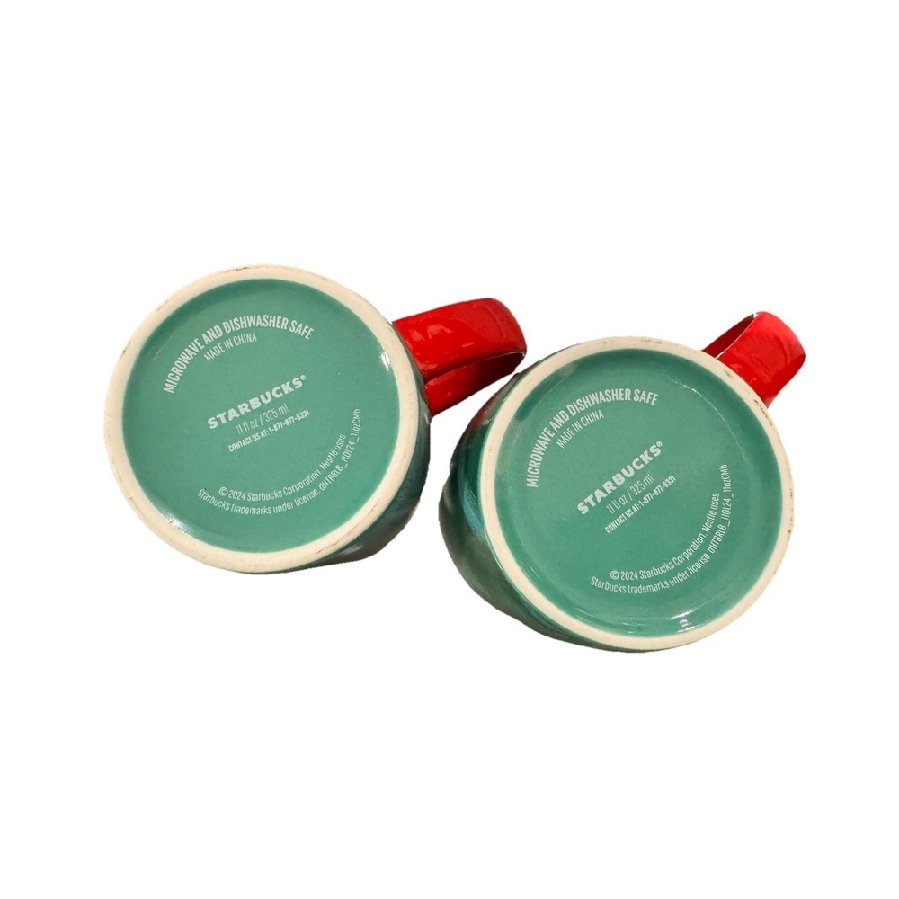 Set Of 2 Starbucks 2024 Holiday Mug Set Green Blue Ombré Swirl Red Handle 11oz - Picture 4 of 4